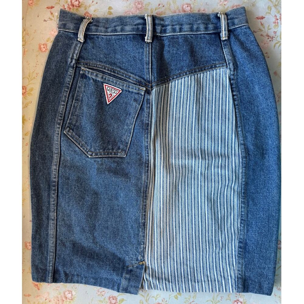 Vintage GUESS Georges Marciano Denim Skirt Sz 30 Railroad Stripe Panel USA